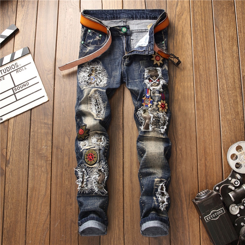 Gat Verontruste Men Denim Jeans Volledige Lengte Bloemen Patchwork Stretch Mannelijke Gewassen Cowboy Borduurwerk Geplooide Patches