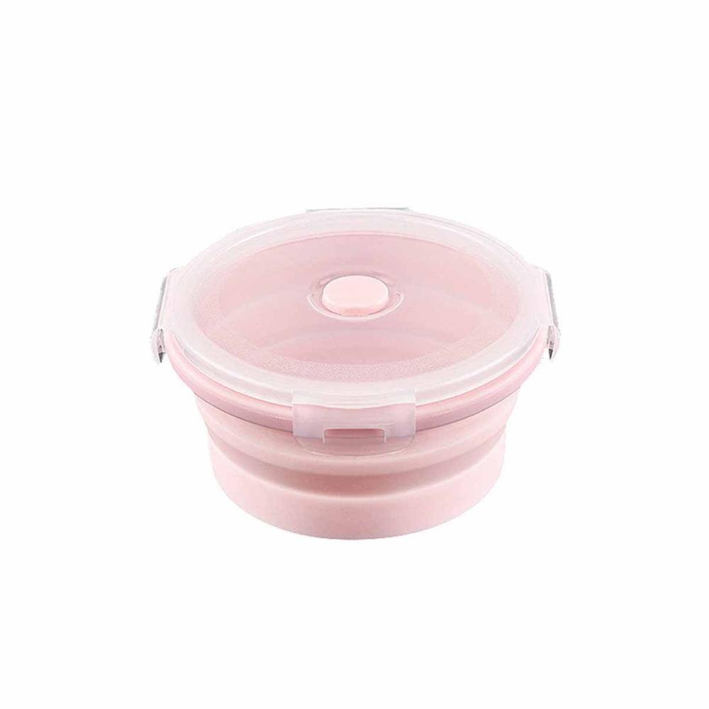 Uszczelnienie okrągłe silikonowe składane przenośne pudełko Bento składane pudełko na drugie śniadanie dla dzieci jedzenie naczynia mikrofalowe pojemnik robić przechowywania żywności: Różowy / 350ml
