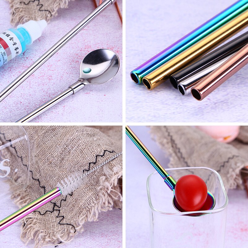 Stainless steel reusable western food straw spoon tableware dualuse dessert soup spoon cola drink straw ice spoon stirring spoon