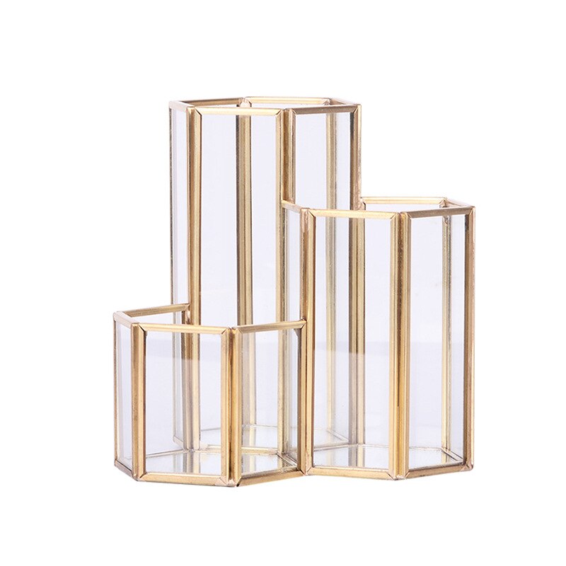 Glass Copper Hexagon Composite Pen Holder Makeup Brush Glass Box Multifunction Desktop Organizer Office Accessories: Default Title