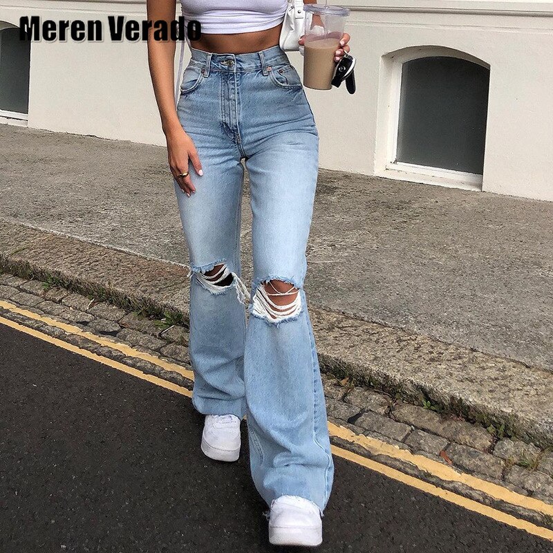 Femmes jean trou découpé en détresse déchiré femmes Flare jean taille haute Streetwear classique maigre jambe large Denim pantalon