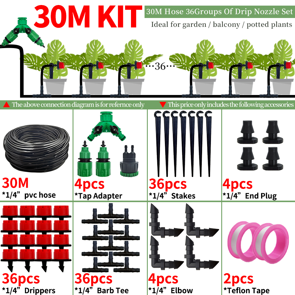 Kit de riego por goteo para jardín, boquillas de sistema de riego automático para tierras de cultivo, bonsái, plantas, flores, verduras, invernadero, 1/4 pulgadas, 10-30M
