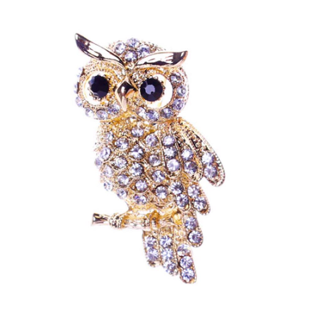 Gold Crystal Rhinestones Cute Owl Brooches For Women Jewelry: Gold-color