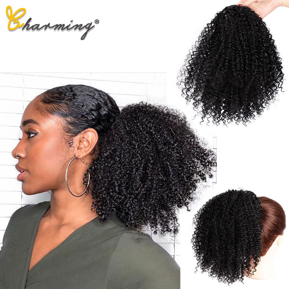 Extension capillaire synthétique Afro-américaine bouclée et crépue, postiche Chignon court enroulé avec cordon de serrage