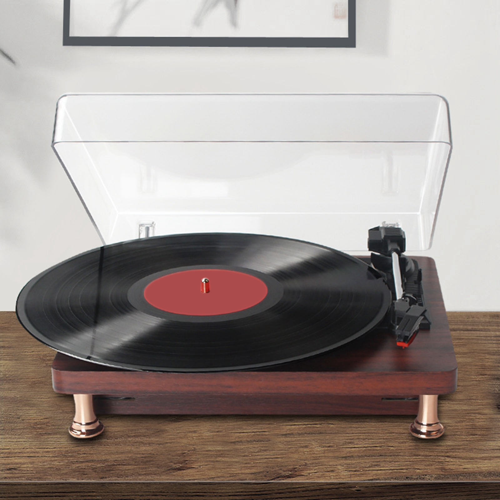 Retrotyylinen vinyylilevysoitin, levysoitin, 2.0 stereokaiutinta, kuulokelähtöä, 33/45/78 rpm levysoitin, baari- ja kotitoimiston sisustus