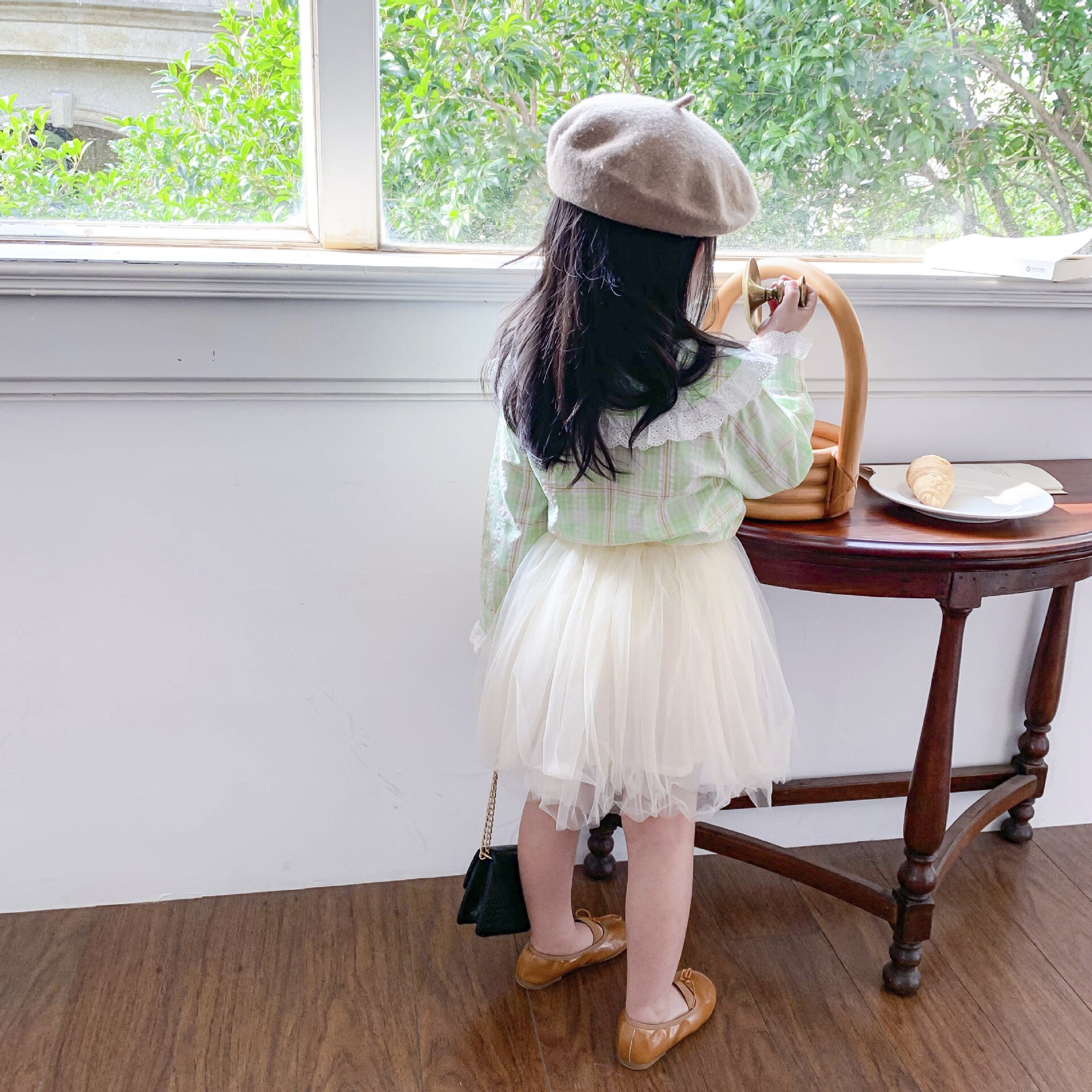 Autumn cute girls lace patchwork plaid shirts long sleeve casual shirt