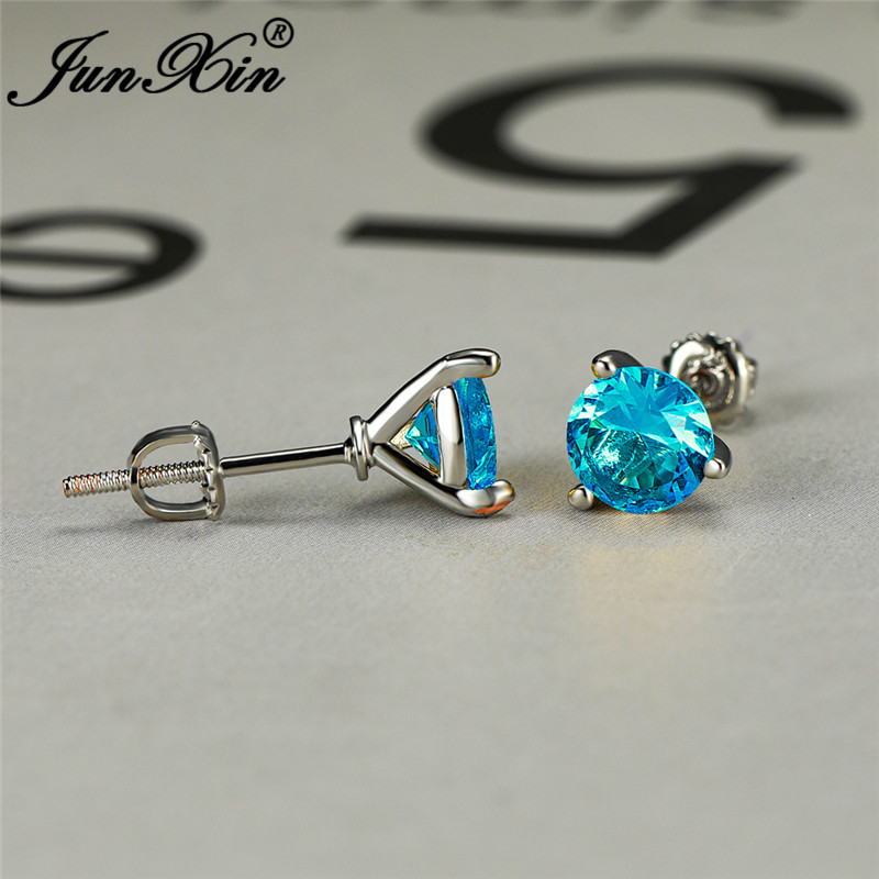 Dainty Vrouwelijke Mannelijke 6Mm Kleine Ronde Oorbellen Wit Goud Zwart Blauw Groen Rood Stone Crystal Wedding Oorknopjes Voor vrouwen: Lake Blue Earrings