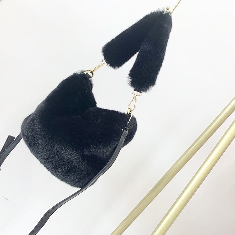 Frauen Nette Faux Pelz Eimer Taschen Mädchen Kreuz-körper Handtaschen Schulter Tasche: Schwarz