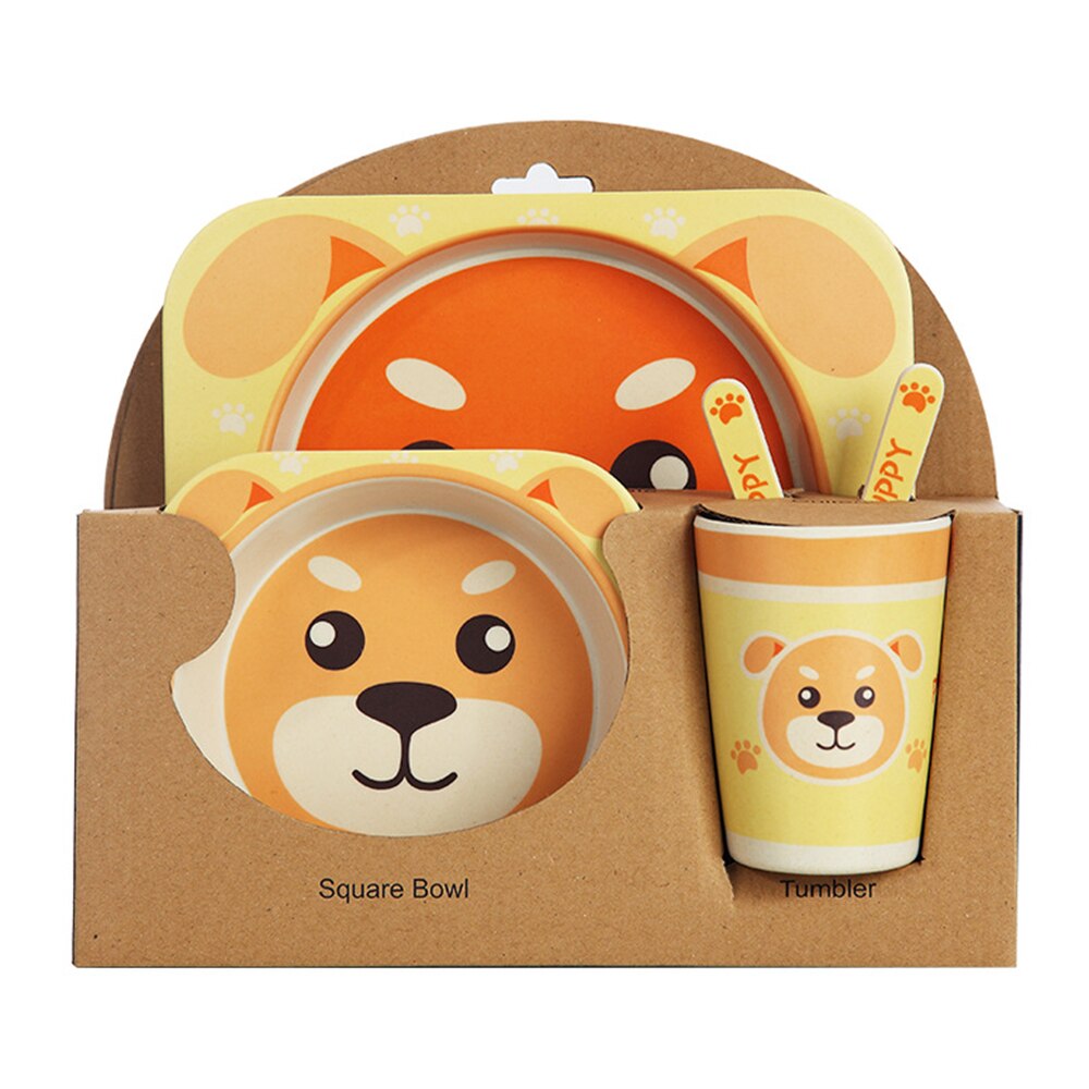 5pcs/sets Baby Dish Tableware Set Natural Bamboo Fiber Bowl With Cup Spoon Plate Fork Feeding Dishes for Kids Utensils: MULTI
