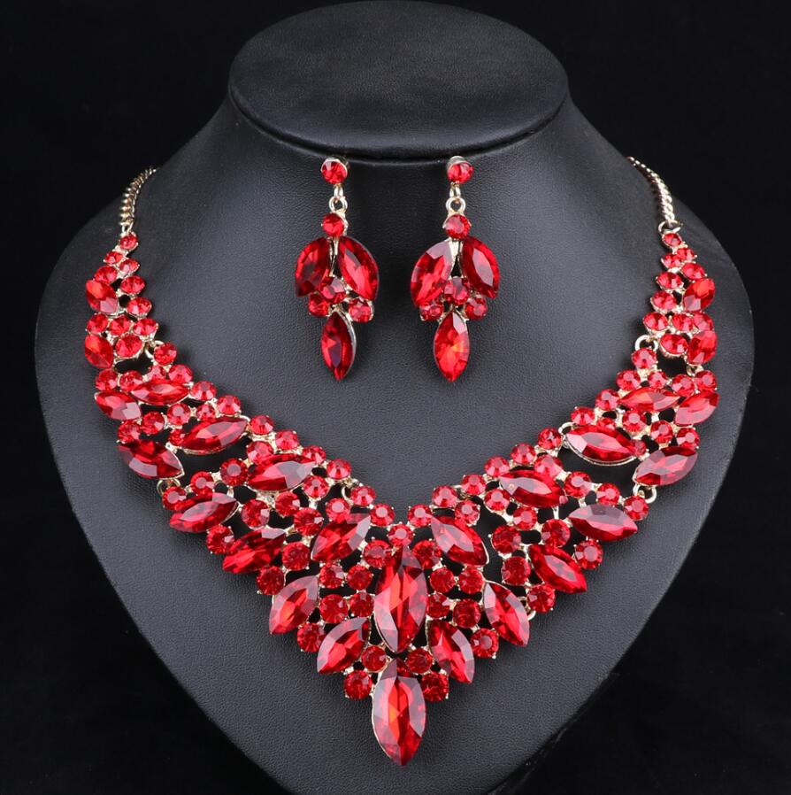 Mode Kristal Bruids Sieraden Sets Party Kostuum Accessoires Bruiloft Ketting Oorbel Set Voor Bruiden Vrouwen 5 Kleuren: Red