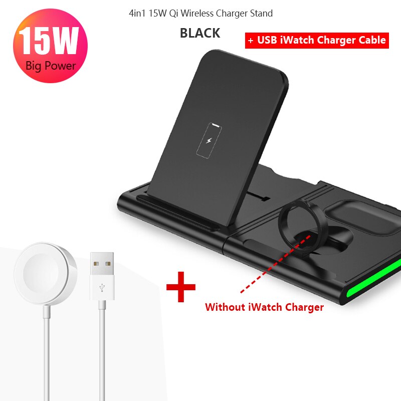 4in1 15W Wireless Charger Splicing Stand Holder for Apple Watch 5 4 3 iPhone 11 Xs Max Airpods Pro/2 Fast Charging for Samsung: Black Watch Cable