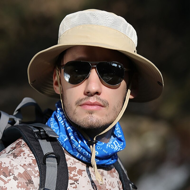 Balde chapéu de secagem rápida leve dobrável sombrinha ao ar livre pescador boné com queixo corda caqui: QJ2470K