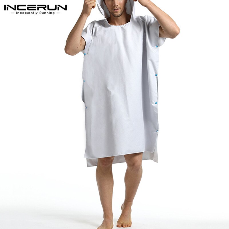 Men Robes Hooded Short Sleeve Quick Dry Solid Color Nightgown Leisure Bathrobes Button Homewear Mens Beach Robes INCERUN S-5XL