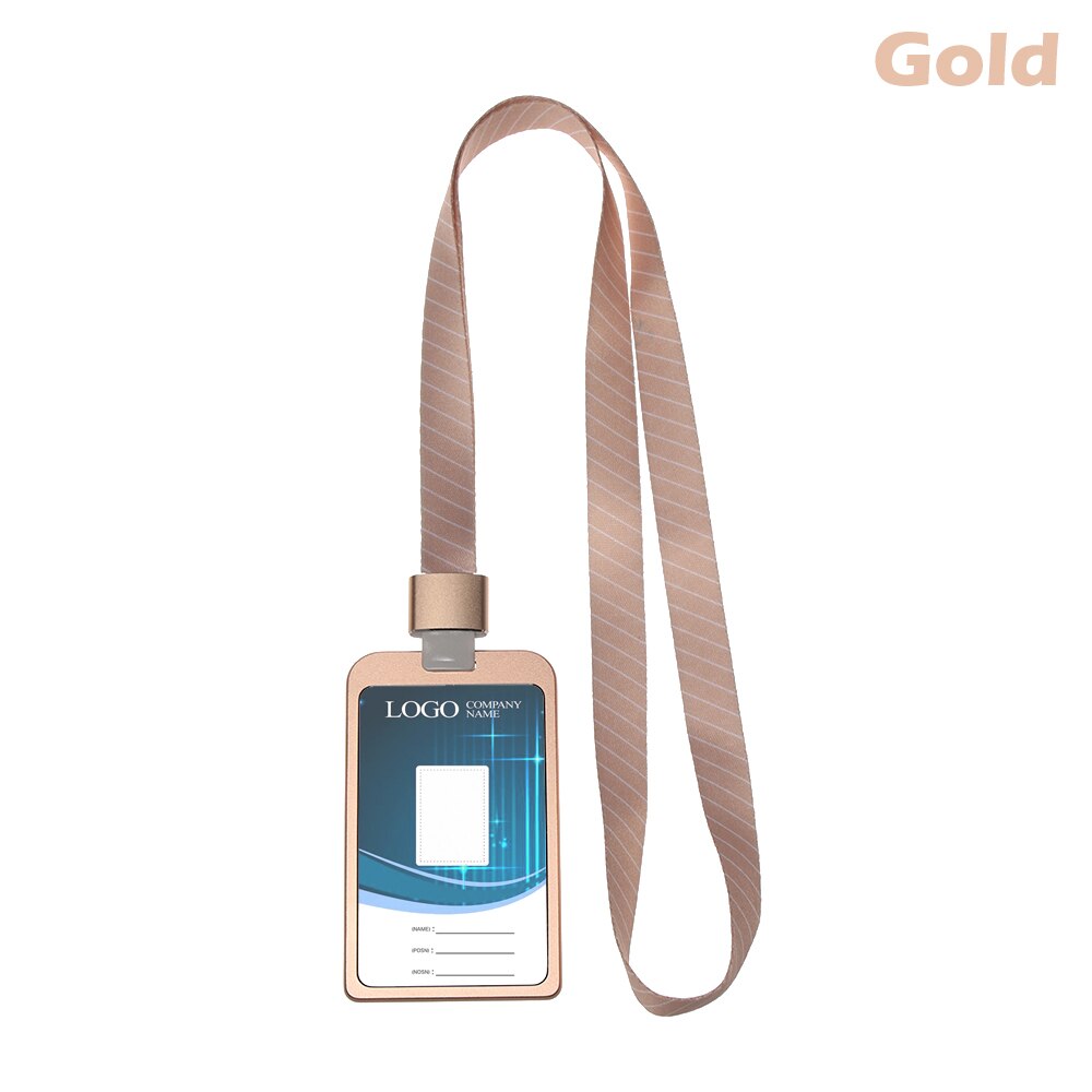 1PC Work Card Holders With Rope Aluminum Alloy Multi colored Employee Name ID Card Cover Metal ID Business Case Work Certificate: gold