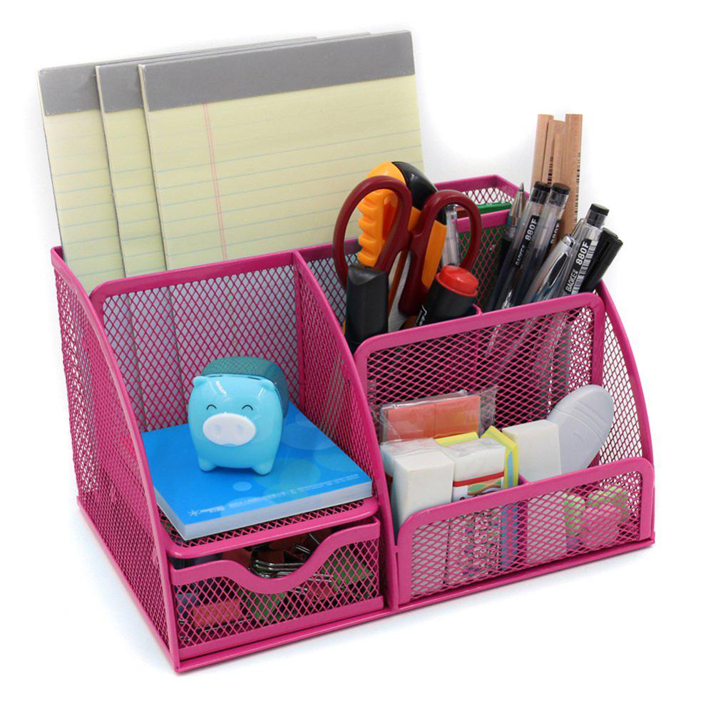 9 Grids Desk Organizer Multifunctionele Metalen Romp Meer Duurzaam Mesh Pen Holder School Kantoren Briefpapier Container Doos: A Rose Red