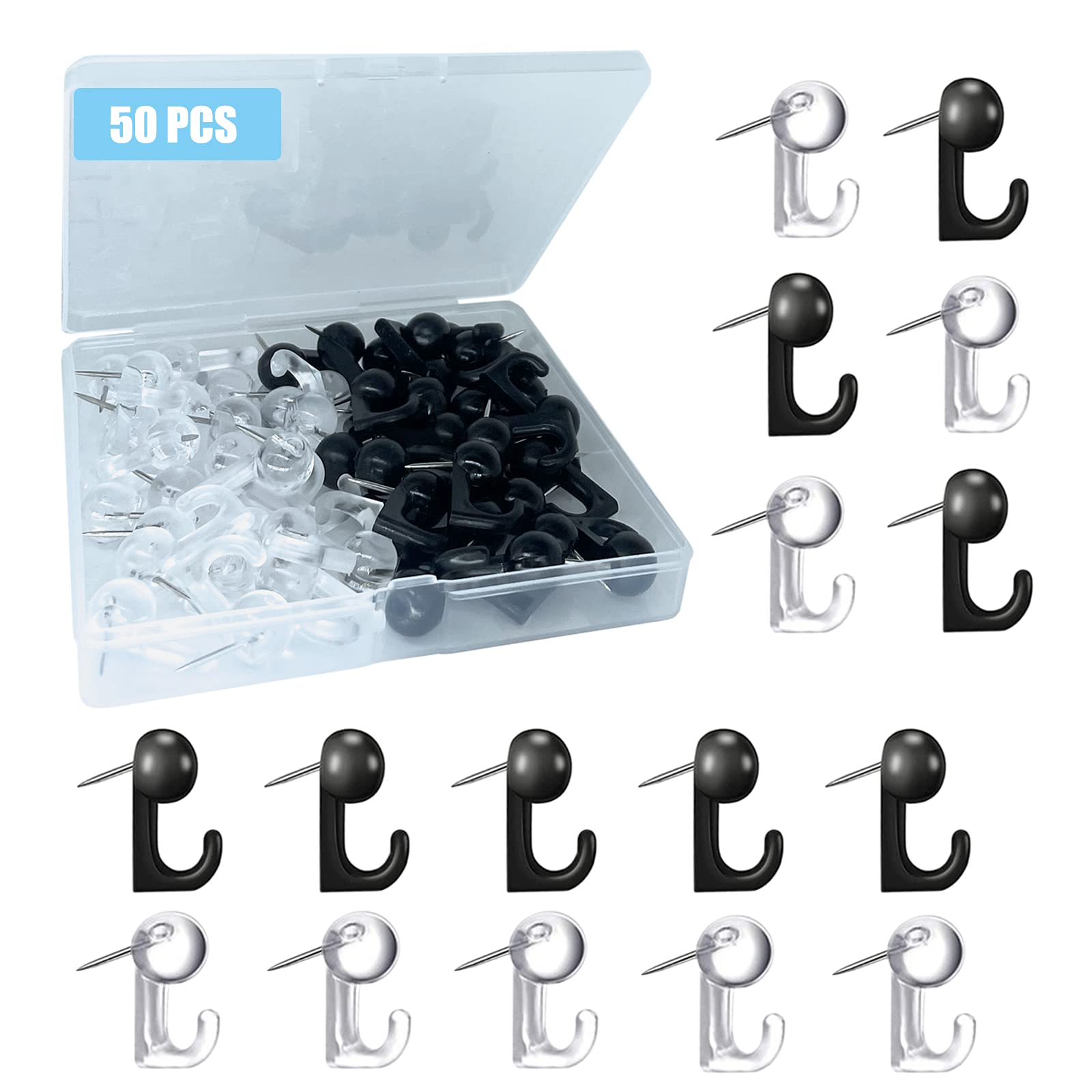 50pcs Push Pin Hooks Plastic Heads Cork Board Hooks Decorative Hanging Hook for Bulletin Board Home Office School Supplies: black