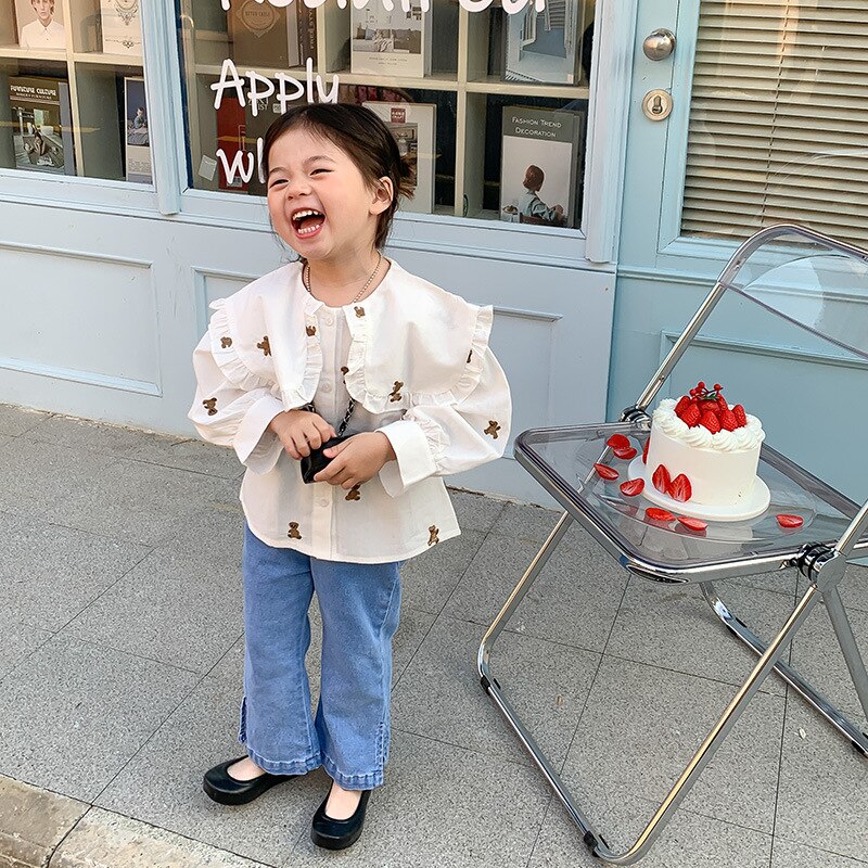 9827B abbigliamento per bambini camicia da ragazza primavera 2022 nuovi ripieni coreani grandi e camicie da ragazza arricciate camicie a fondo per bambini 1-7 anni