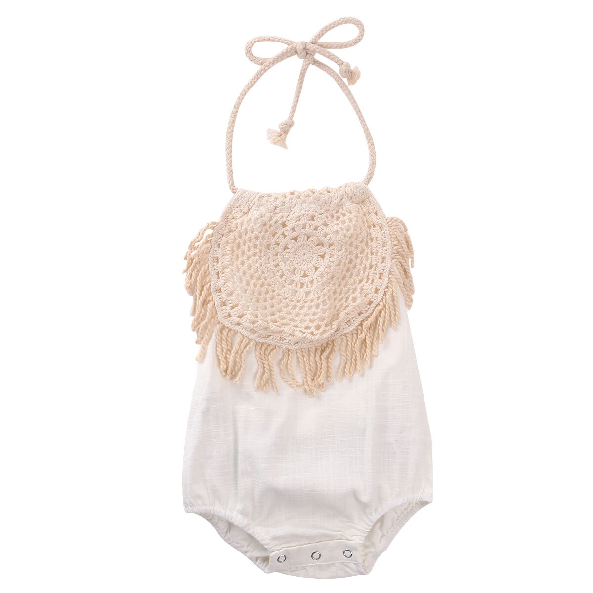 Focusnorm Baby Meisjes Jongens Kwastje Bodysuits Mouwloze Effen Riem Zomer Leuke Jumpsuits 2 Kleuren: Beige / 24M
