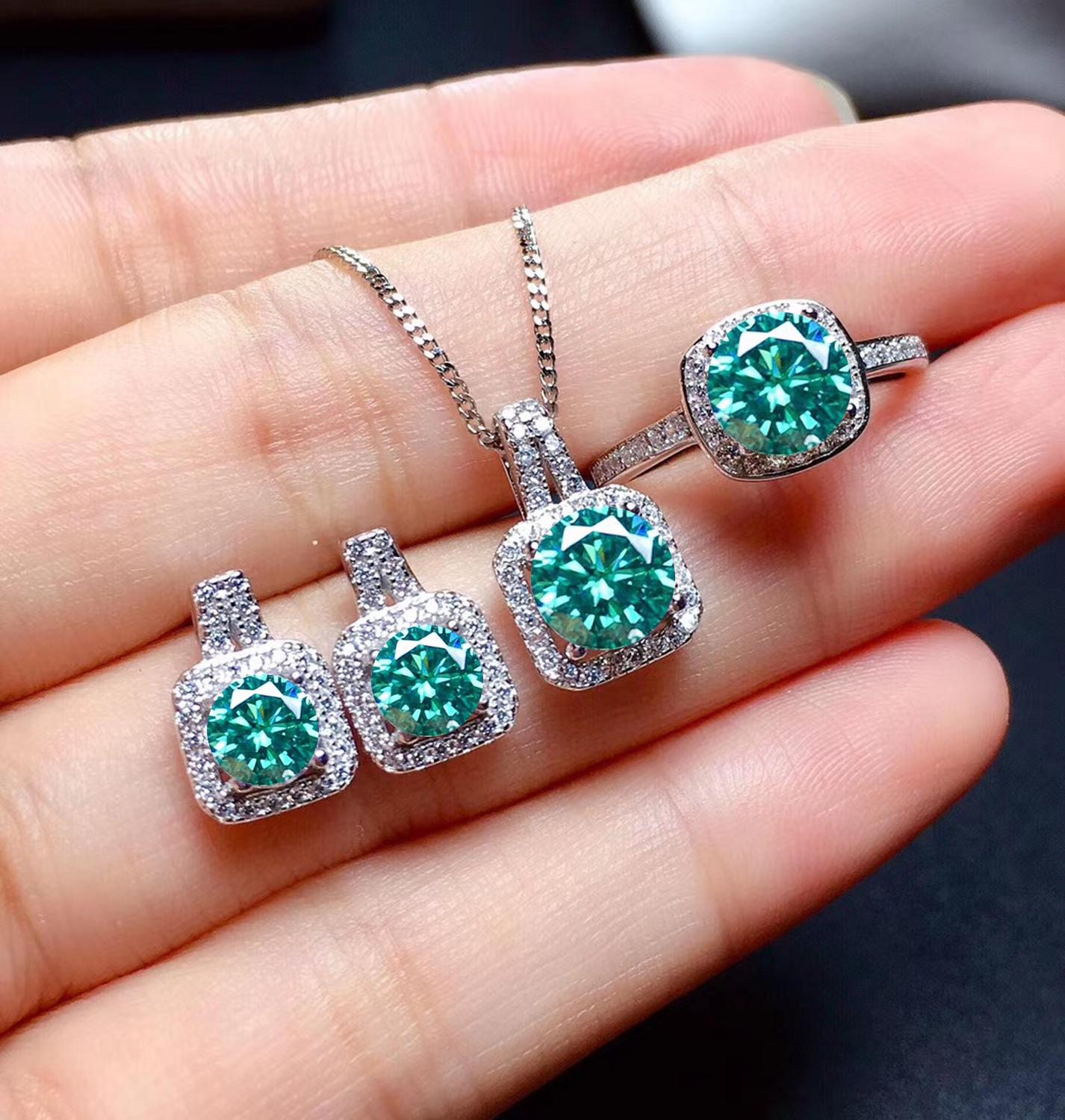 MeiBaPJ 1 carato Verde Moissanite piazza Insieme Dei Monili in Argento 925 Anello Orecchini di Pendente di 3 Pezzi Abiti Da Sposa Gioielli per le Donne