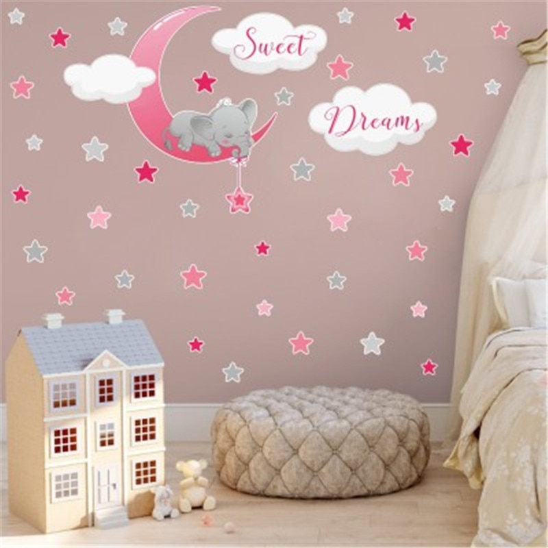 Éléphant lune étoiles doux rêve Stickers muraux pour enfants chambre décor à la maison fille chambre autocollants décoratifs bébé chambre décalcomanie autocollants