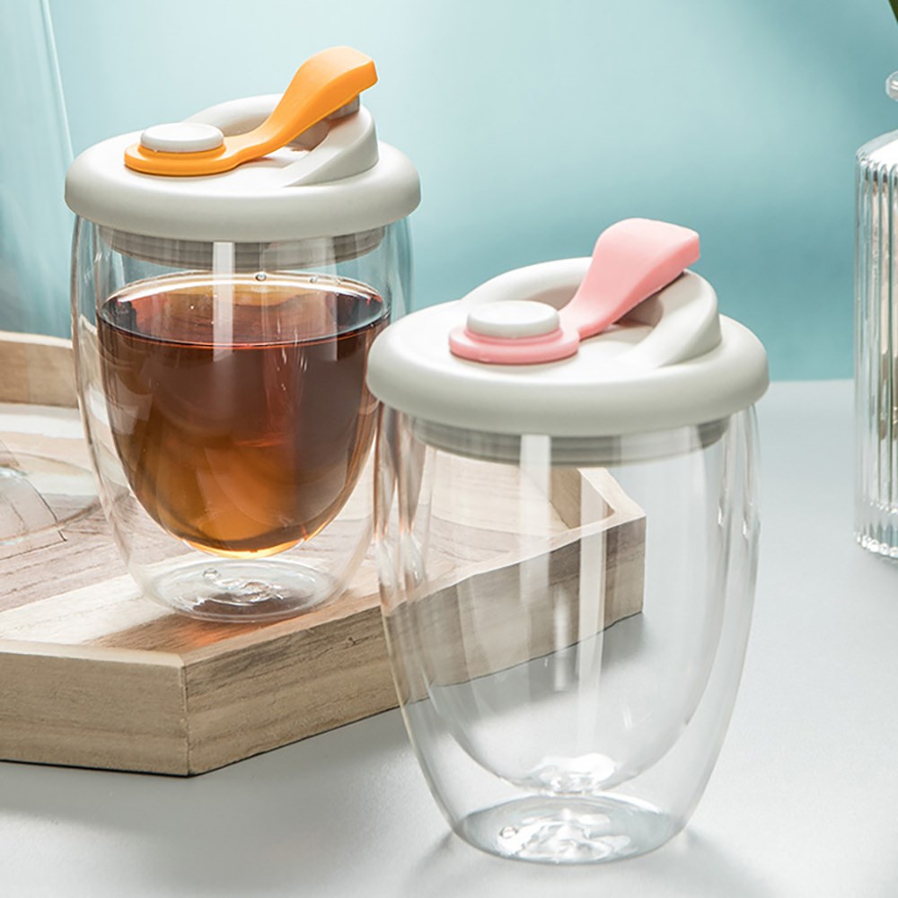 Leuke Draagbare Waterbeker Dubbelwandige Glazen Beker Met Lekvrij Deksel Transparant Geïsoleerde Koffiekopjes Melk Thee Sap Mok Dinkware
