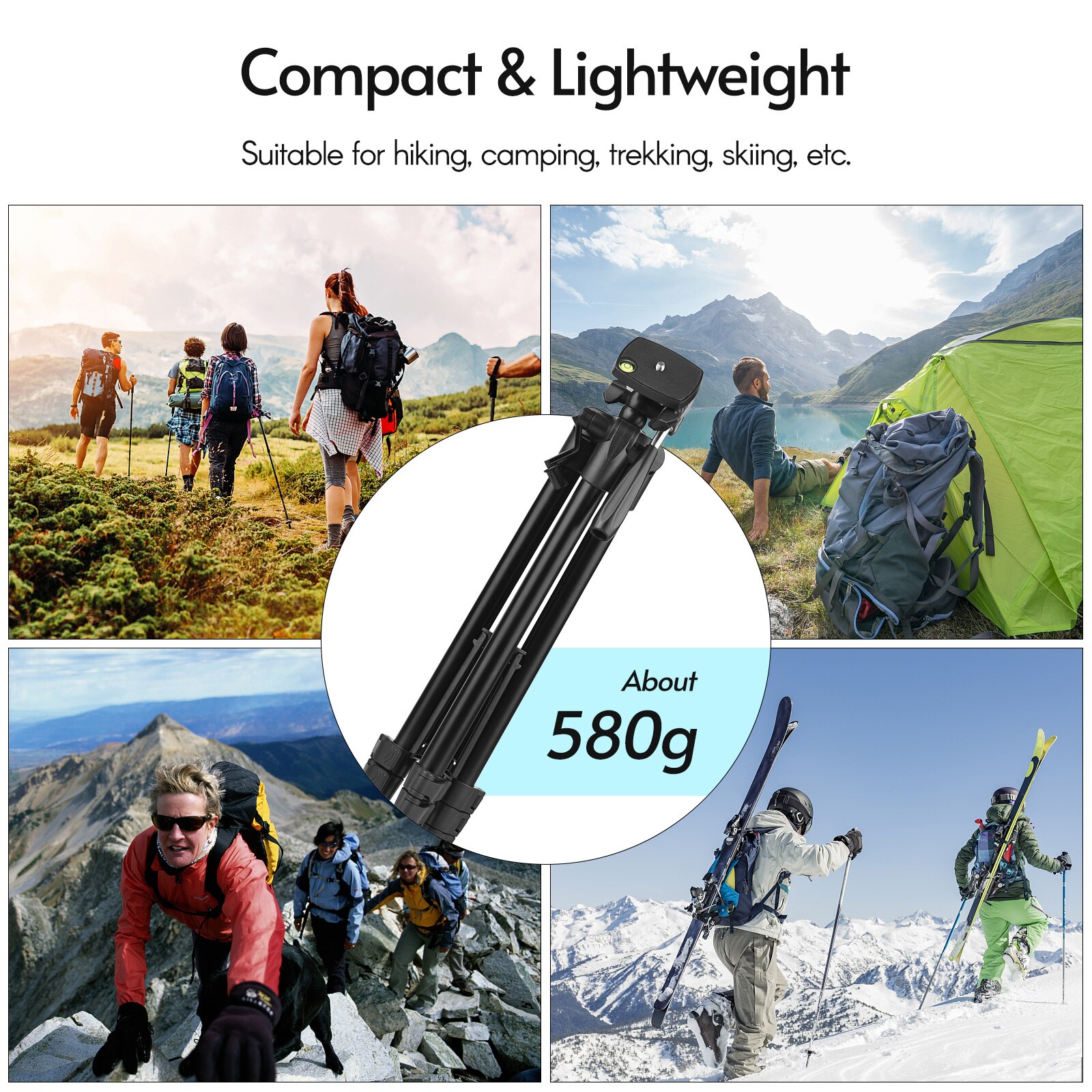 Portable Tripod Stand Aluminum Alloy 135cm/53in Max. Height 3kg Load Capacity with Phone Clamp Remote Shutter for Vlog Live