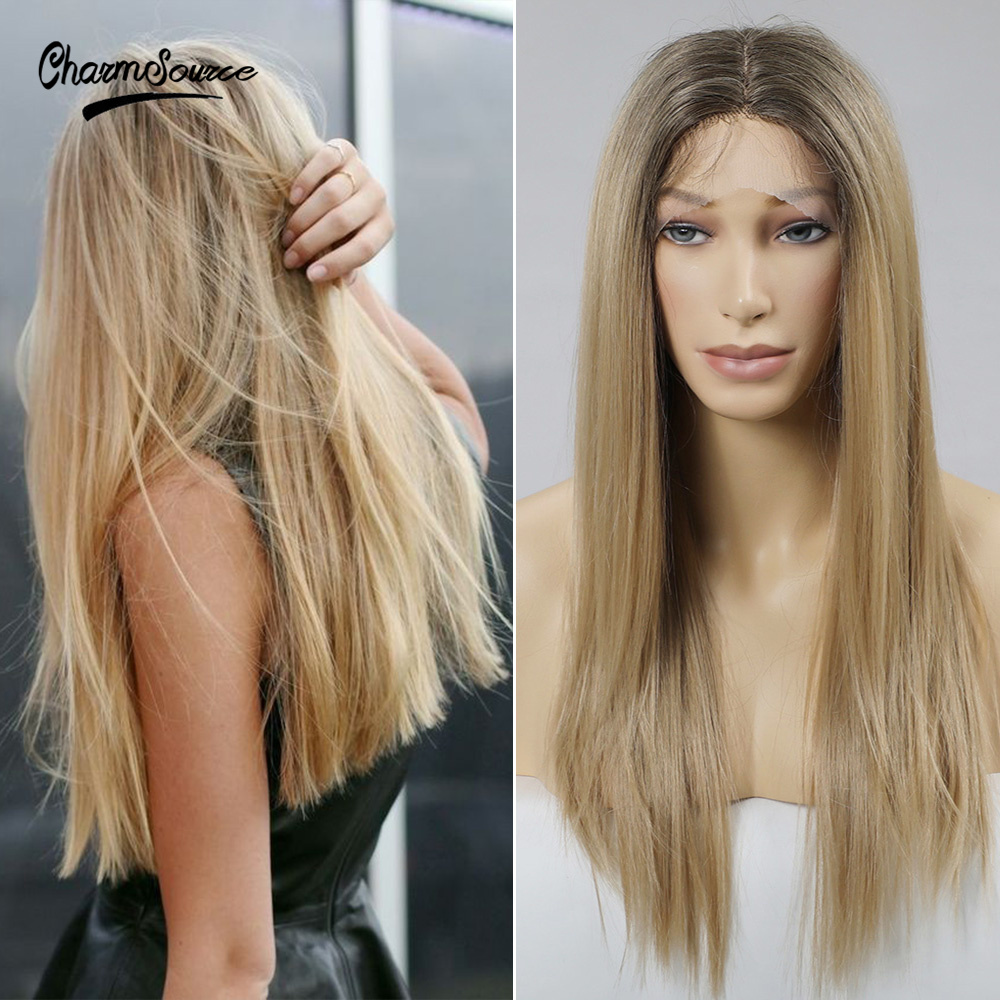 CharmSource Long Brown Root Ombre Blonde Wig Straight Lace Part Synthetic Wigs for Women Daily Hair High Density Heat Resistant