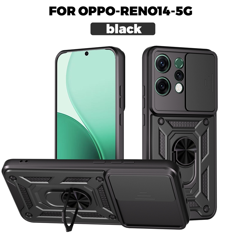 Funda protectora de anillo magnético Armor para OPPO Reno 14 Pro 14F 5G, Funda protectora de lente deslizante para Reno14 Reno14F: ABS / Negro