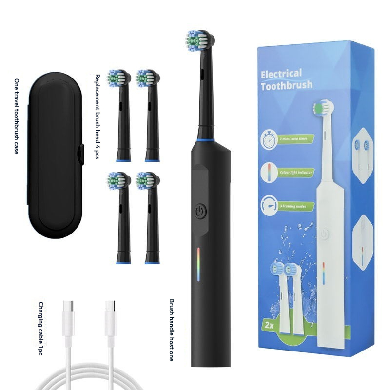 Elektrische Tandenborstel Roterende Ronde Kop Volwassen Zachte Borstelharen Inductie Automatische Heren En Dames Koppels Set Compatibel Met Orab: Black