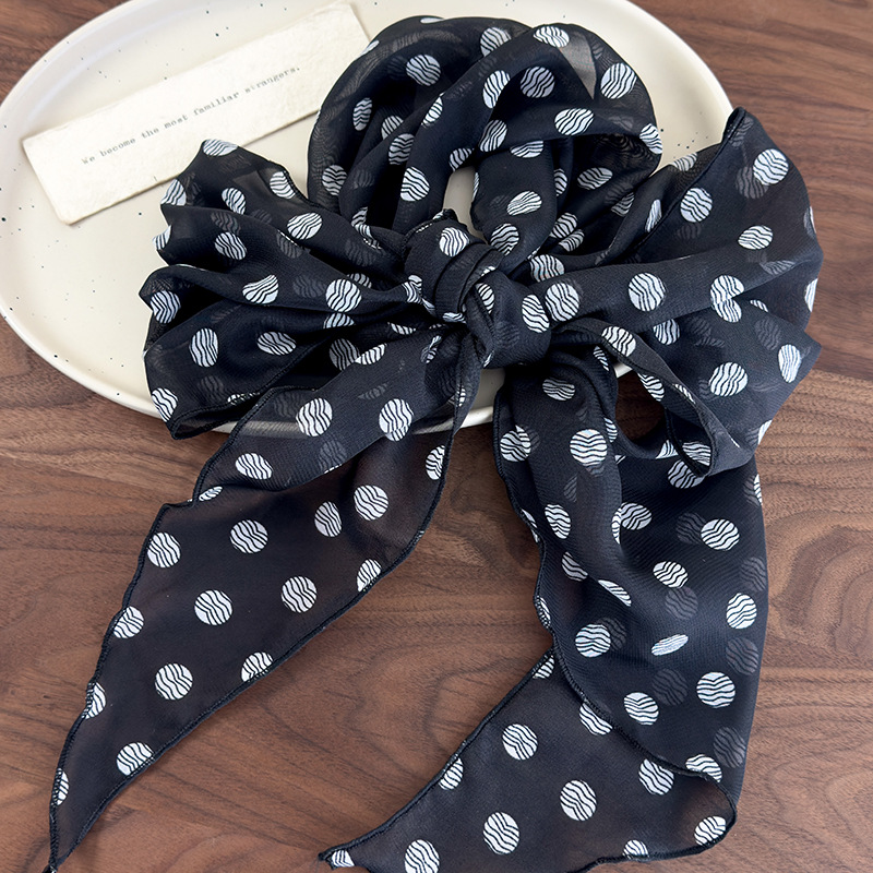 Lenço de seda de bolinhas marrom impresso high-end versátil acessórios pescoço feminino novo bandana amarrado cabelo longo: Preto