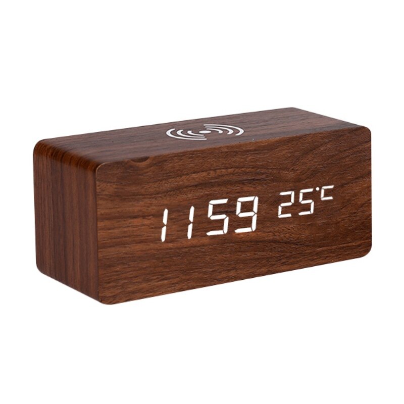 Wood LED Digital Alarm Clock With Phone Wireless Charging Pad Snooze Function Sound Control Adjustable Brightness Alarm Clock