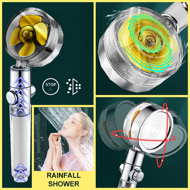 Turbocharged Shower Head Water Saving Flow 360 Degrees Rotating with Filter Rain High Pressure Spray Nozzle Bathroom Accessories