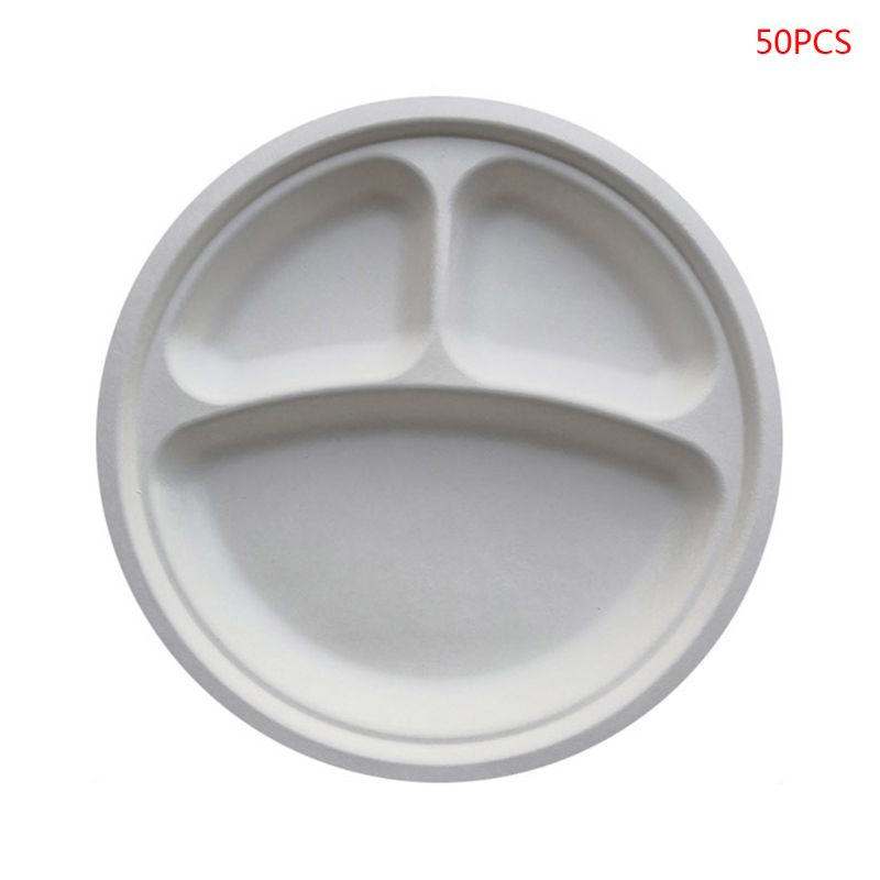 50Pcs/bag 9\"/10\" Degradable Bagasse Paper Plate 3 Compartment Disposable Plate