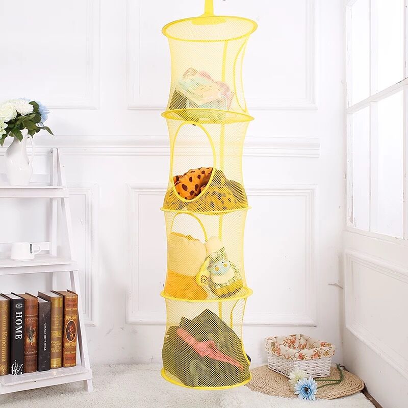 Colorful Collapsible Storage Net Hanging Basket, Breathable Four-lattice Air Drying Cylindrical Basket, Blue/ Yellow/ Grey: A