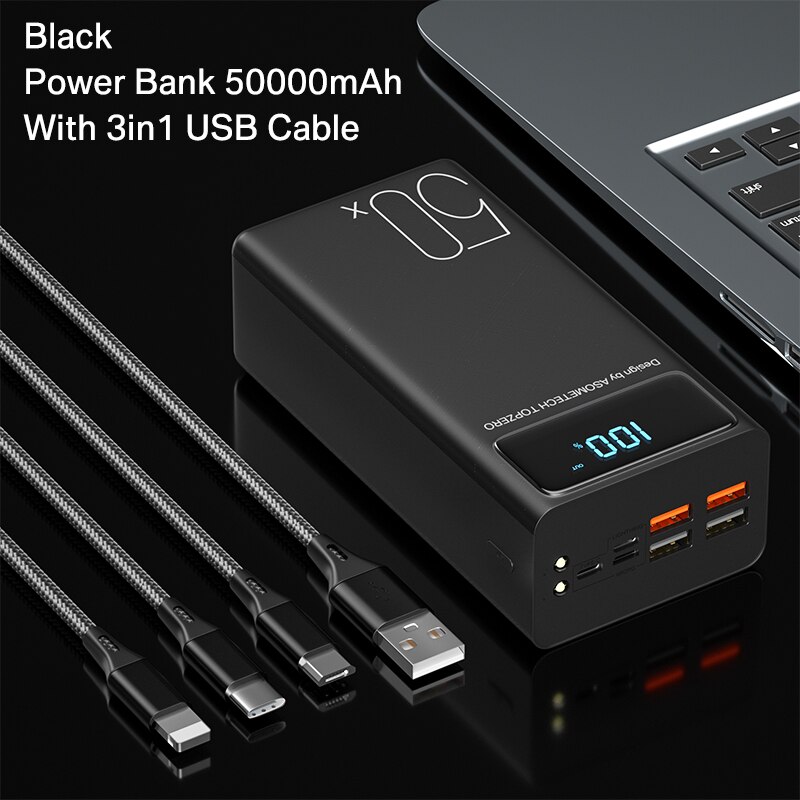 Power Bank 50000 Mah Draagbare Oplader Met Led Licht Grote Capaciteit Powerbank 50000 Mah Externe Batterij Voor Iphone 13 X xiaomi: 2A Black Set 1