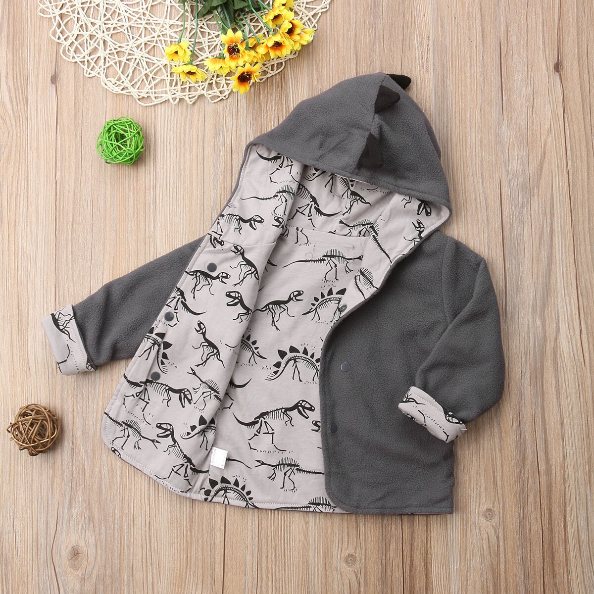 Dinosaur Kids Baby Boy Girl Coats Gray Cotton Hooded Fleece Front Open Fall Winter Long Sleeve Jacket Coat Top