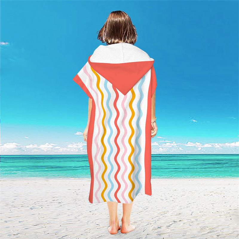 Albornoz de estilo étnico, toalla de playa con rayas onduladas, toallas de baño de secado rápido, capa ligera con capucha, natación, Surf, Poncho para hombres y mujeres adultas: Negro
