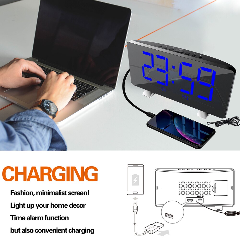 Large Screen Digital Alarm Clock USB Multifunction Display Time LED Mirror Clock Table Desk Home Decor reloj despertador