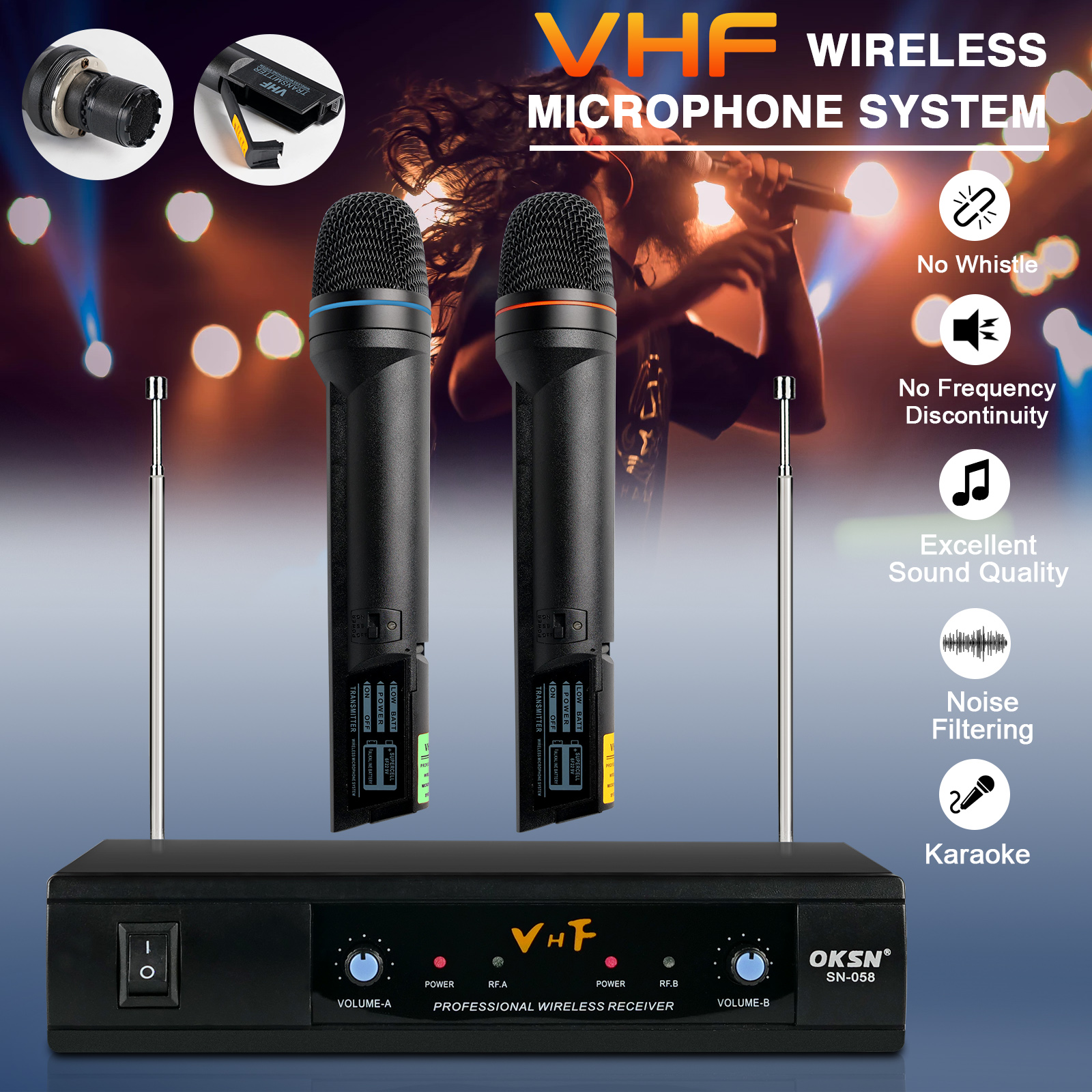 2 Channels VHF Wireless Microphone Dynamic Mic Karaoke system1/4&#39;&#39; Output for Church Party Show