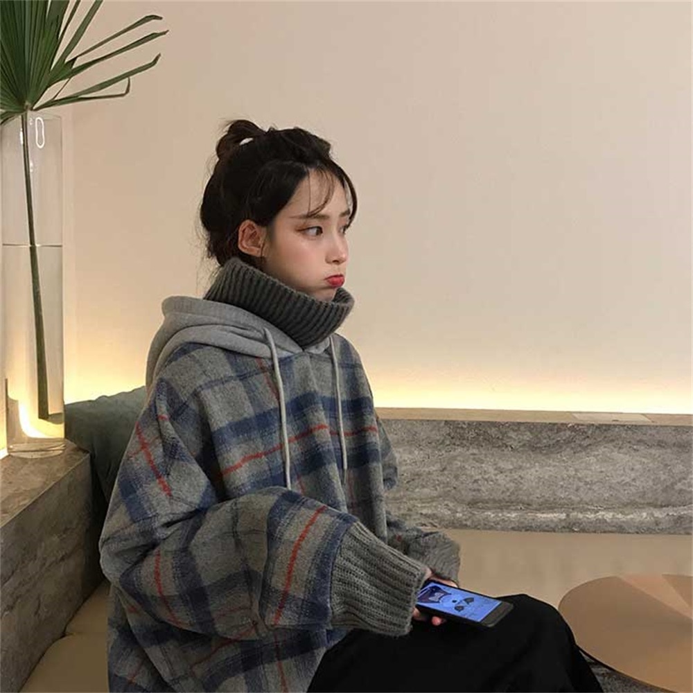 Kpop sweat à capuche haut pour femme Plaid à manches longues faux deux pièces col haut pulls sweat femmes hiver Pastel vêtements sweats à capuche chauds