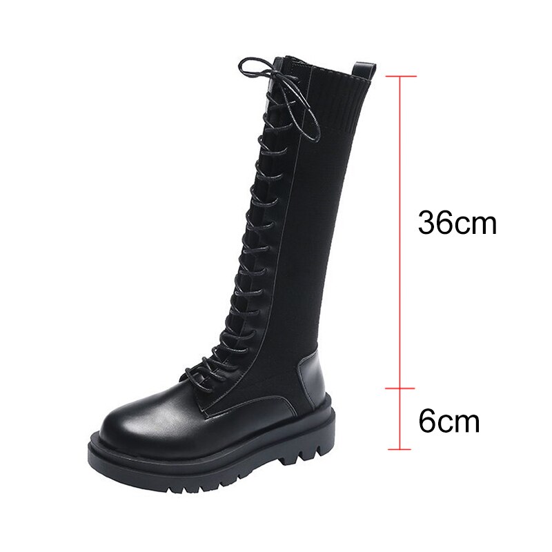 automne femmes tricot tissu élastique genou bottes hautes à lacets plate-forme longues bottes femme PU Patchwork moto Botas Mujer