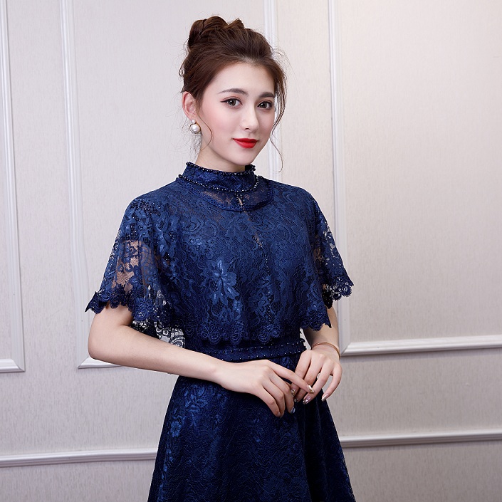 Veste de mariée élégante en dentelle bleu Royal, boléro, devant, court, Long derrière, élégante: Navy Blue