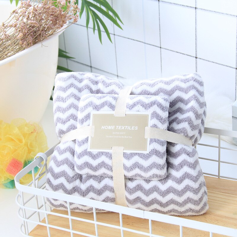2pcs/set Bath Towel Set Coral Fleece Large Thick Bath Towel Bathroom Hand Face Shower Towels Home for Adults Kids Wave: Gray