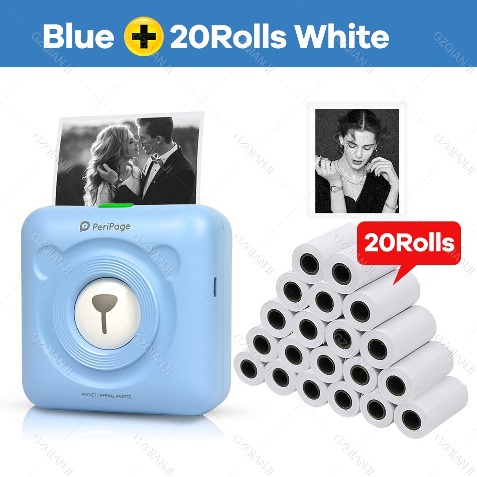 PeriPage A6 Portable Thermal Bluetooth Printer Picture Photo Mini Label Sticker Wireless Printer for Android IOS Paper Rolls: BL add 20Rolls
