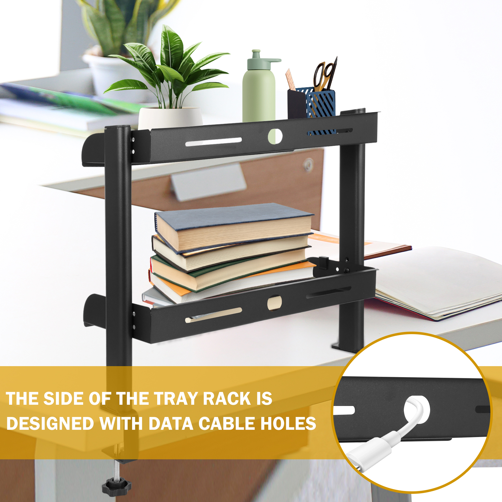 2 Tiers Desktop Bookshelf Clamp On Desk Shelf Clamp Table Mount Shelf Space Saving Desktop Clamp Shelf for Office Sturdy Table