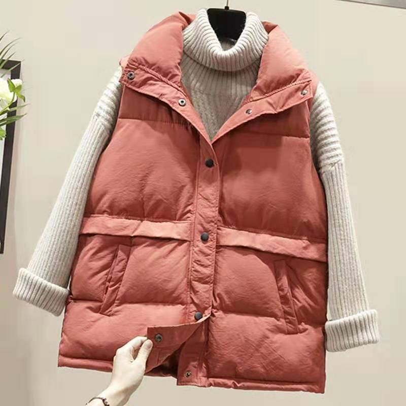 Vangull kvinder ærmeløs vest vinter varm plus size dun bomulds vatteret jakke kvinde veste mandarin krave ærmeløs vest: Murstensrød / S