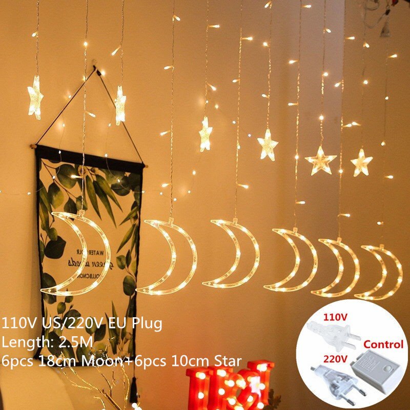 220v eu pistoke 2.5m led moon star lamppu keiju verho valo jouluseppele merkkijono valot lamppu vuodeksi hääkoristeita: Juu lämmin / Eu -pistoke