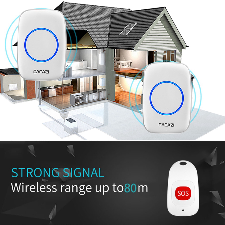 CACAZI Smart Home Wireless Pager Doorbell Old man Emergency Alarm 80m Remote Call Bell US EU UK Plug 2 Button 1 Pager 4 Receiver
