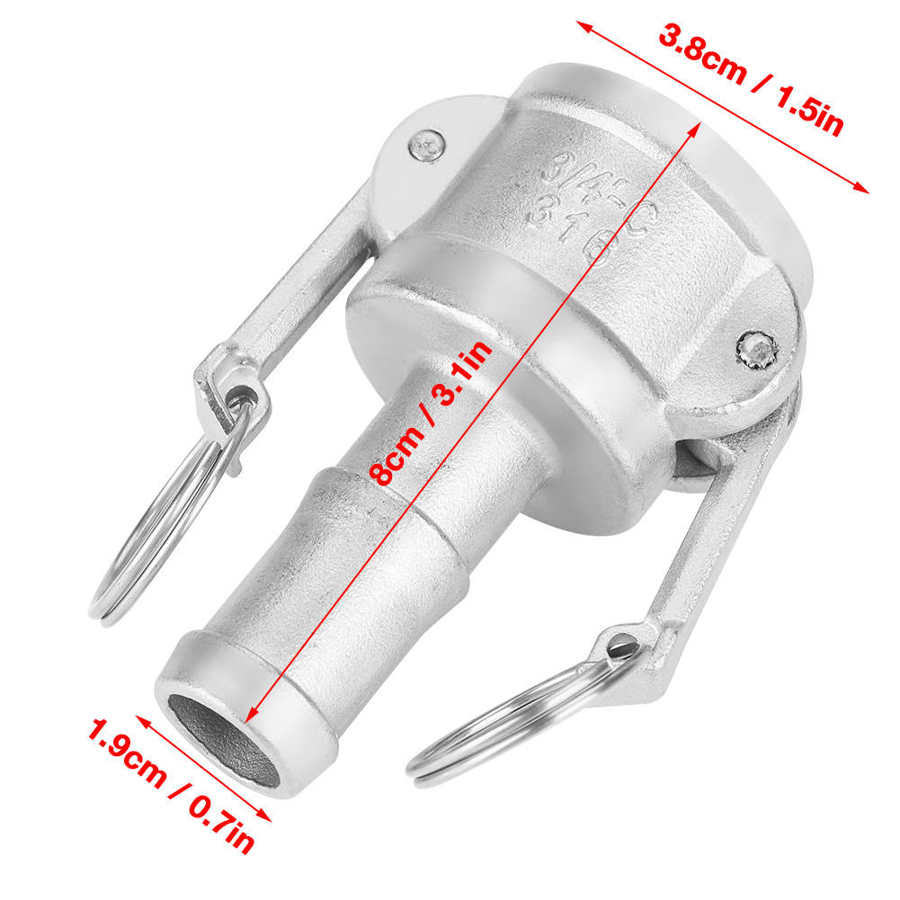 Stainless Steel 316 Type C Camlock Adapter Coupling Female End x Male Barb DN20