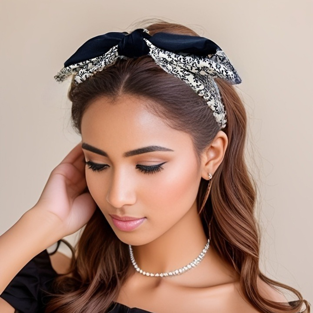 Diademas elegantes florales en blanco y negro para mujeres y niñas, aros para el cabello suaves con borde ancho, diadema cruzada con lazo grande, herramienta de Peinado,